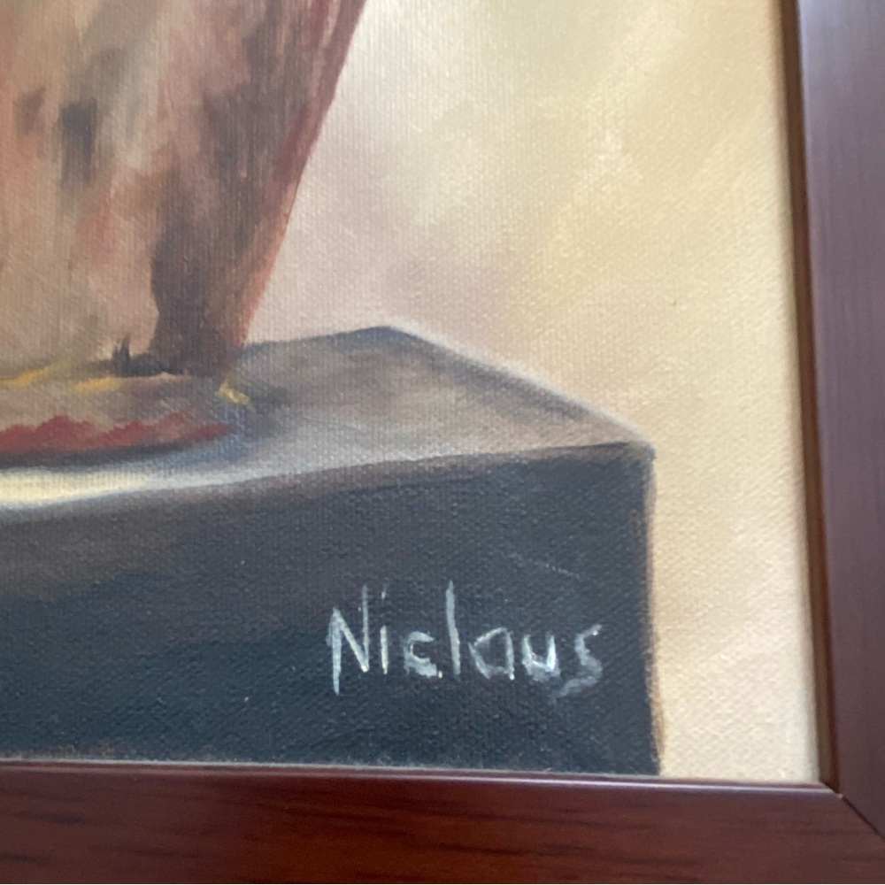 Painting Of Vase Urn With Wheat Grass Cattails Browns Neutral Framed Signed - Picture 4 of 9